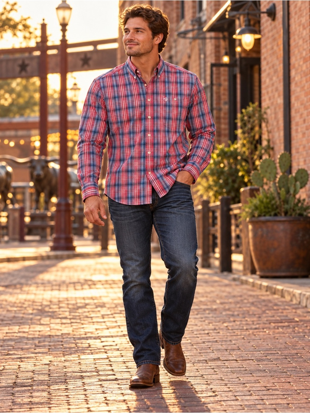 Wrangler George Strait Cowboy Cut Red Blue Plaid Shirt Men’s